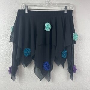 iHeartRaves Black Mesh Handkerchief Hem Skirt 3D Flower Applique Large Festival